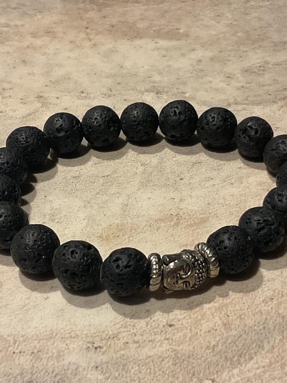 Black Lava Bead Stretch Bracelet with Silver Buddha Accent